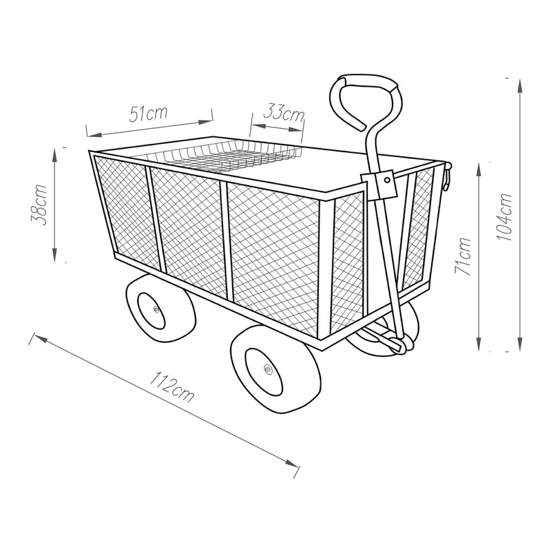Croquis coté Chariot de jardin Corropoli parois latérales rabattables capacité de charge 550 kg noir jaune pro.tec