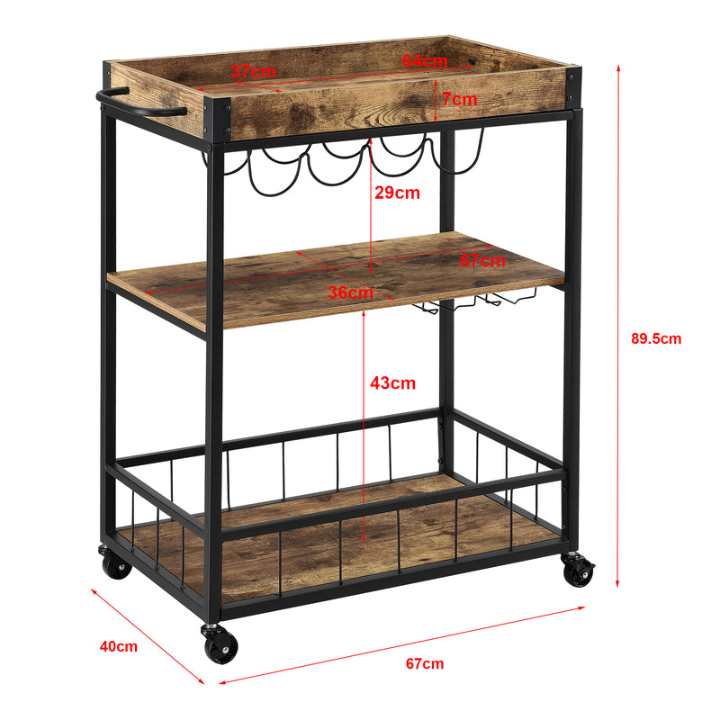 Schizzo in scala Carrello di Servizio con Vassoio Rimovibile e Ripiani in Color Legno Scuro Scaffale/Portavivande da Cucina/Mense con 4 Ruote Catering Ristorazione