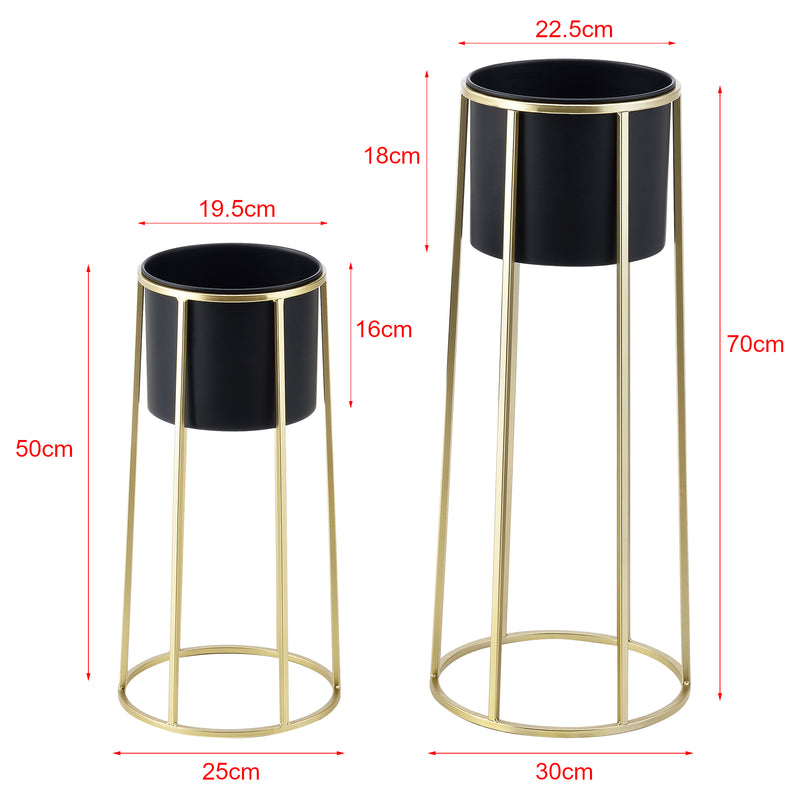 Schizzo in scala Set di 2 Portavasi in Metallo di Forma Rotonda Supporto in Color Oro per Piante in 2 Altezze Diverse con Coprivaso Nero