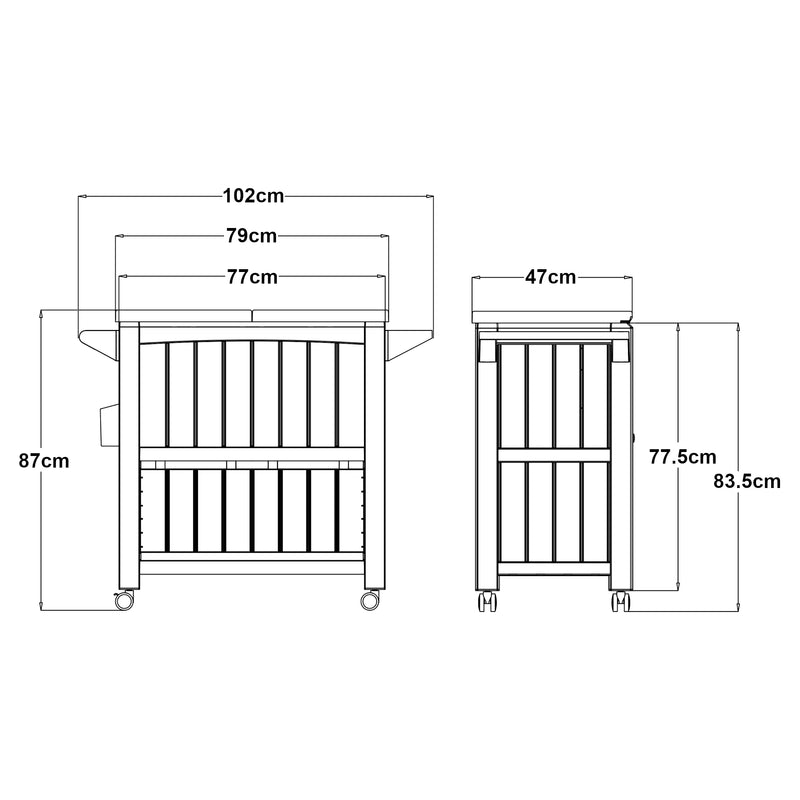 Croquis coté Chariot de service avec glacière Arsita 102 x 47 x 87 cm beige aspect bois casa.pro
