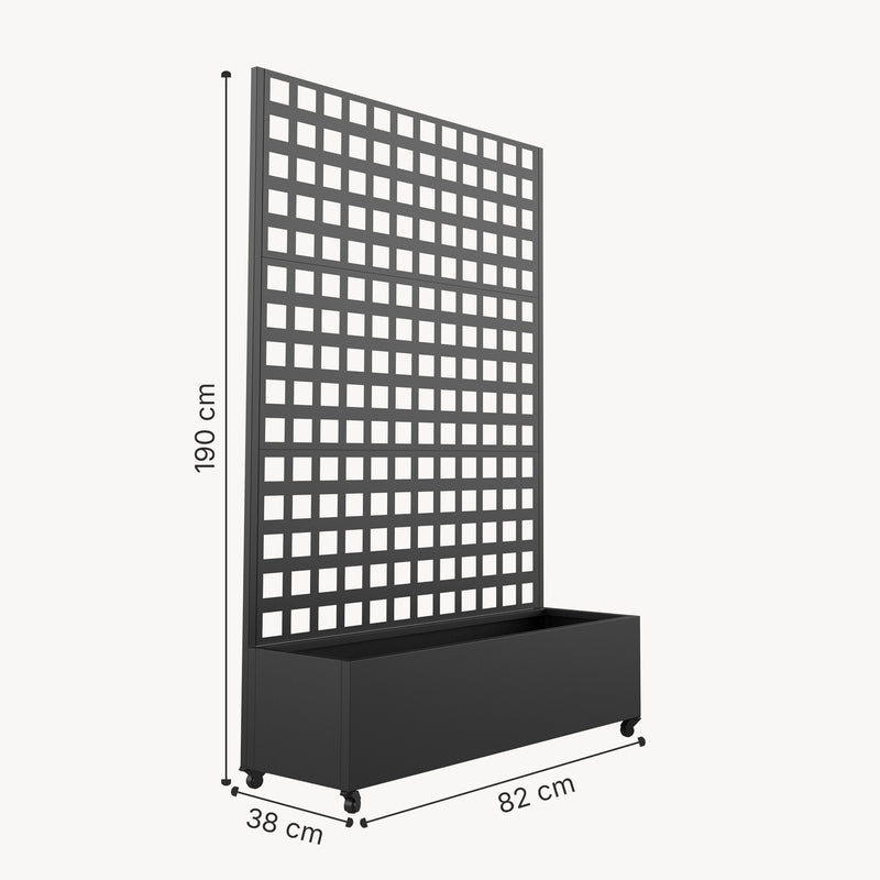 Croquis coté Cloison Toma avec bac à fleurs sur roulettes acier 190 x 82 x 38 cm noir casa.pro