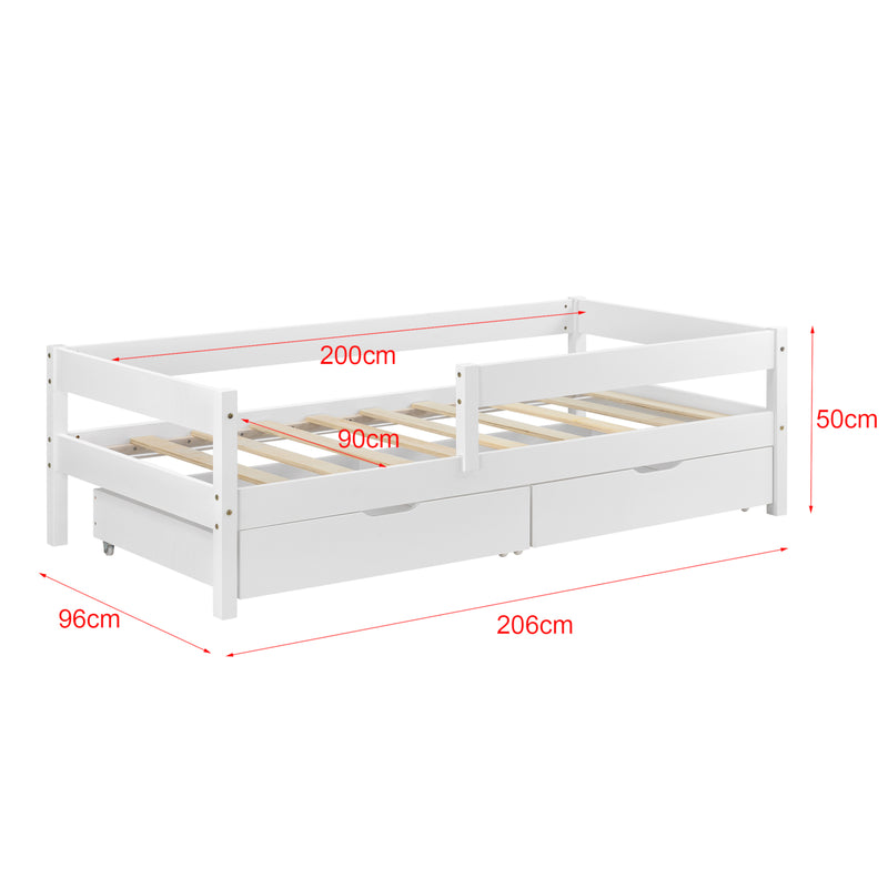 Schizzo in scala Letto per Bambino/Gioventú con 2 Cassetti Portabiancherie e Materasso 70x140 / 80x160 / 90x200 cm Lettino in Legno di Pino con Corrimano Laterale - Vari Colori