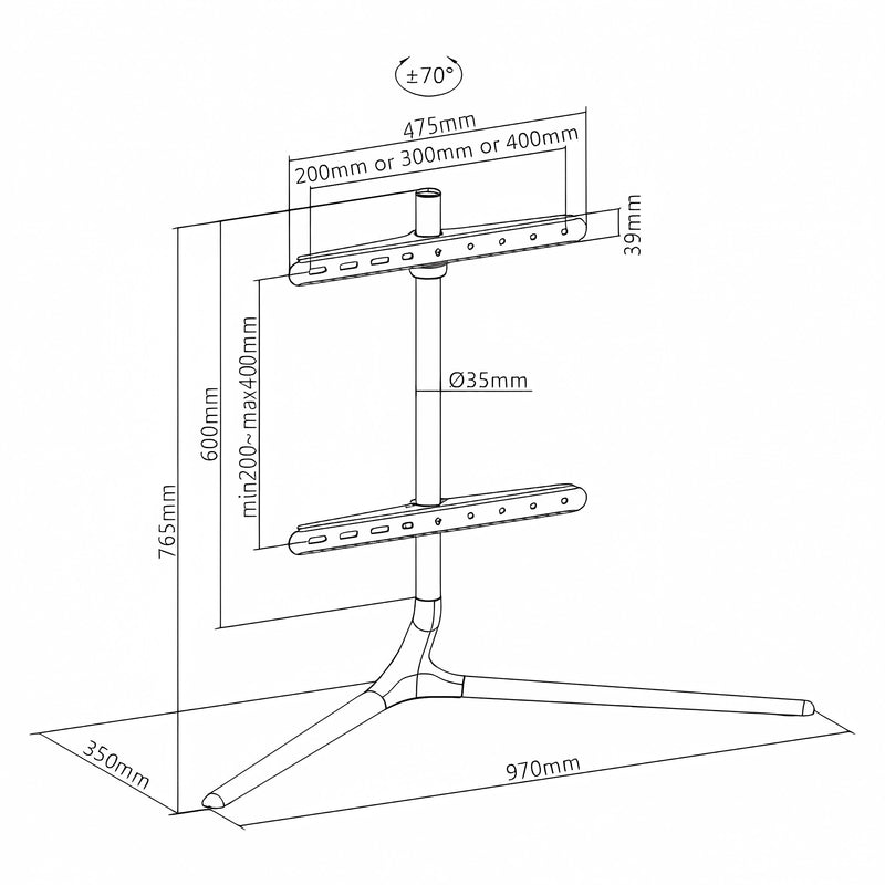 Croquis coté Support TV Ystad noir effet bois pro.tec