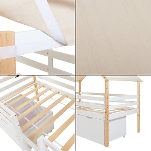 Lit cabane Surnadal bois de pin 90 x 200 cm blanc naturel beige [en.casa]