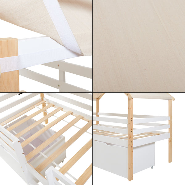 Lit cabane Surnadal bois de pin 90 x 200 cm blanc naturel beige [en.casa]