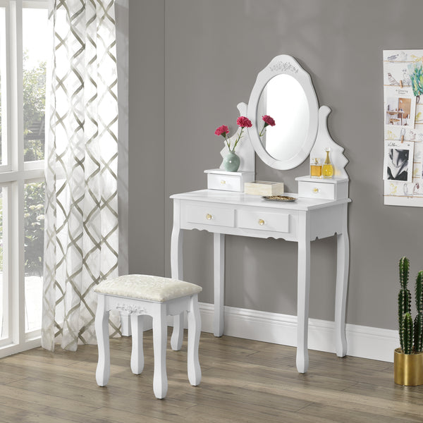[en.casa] Coiffeuse Table de Maquillage avec 1 Miroir Inclinable et 4 Tiroirs et 1 Tabouret Confortable MDF et Bois 141 x 75 x 40 cm Blanc