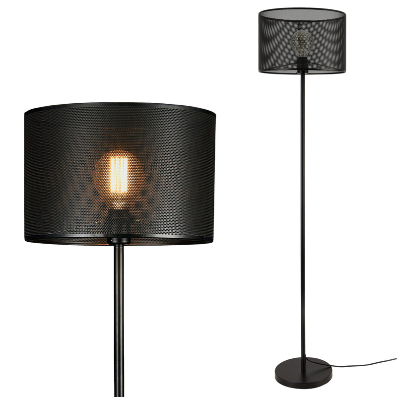 Schizzo in scala Lampada da Terra Alta 153 cm Piantana Dritta con Paralume Cilindrico Ø35 cm Superficie a Fori Lampada a Stelo in Metallo - Nero - lux.pro