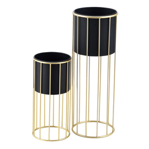 Set di 2 Portavasi in Metallo Supporto per Piante in 2 Misure Diverse con Coprivaso Nero e Base di Forma Rotonda in Color Oro 
