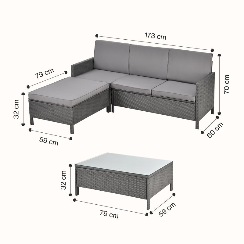 Schizzo in scala Set Mobili da Giardino Murcia in Polyrattan Tavolino Divano Pouf con Cuscini - Grigio [en.casa]