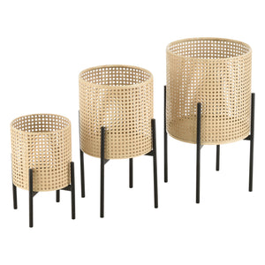 Set di 3 Portavasi in Metallo Supporto Nero con Coprivaso Tondo in Color Sabbia - Portapiante in 3 Misure Diverse