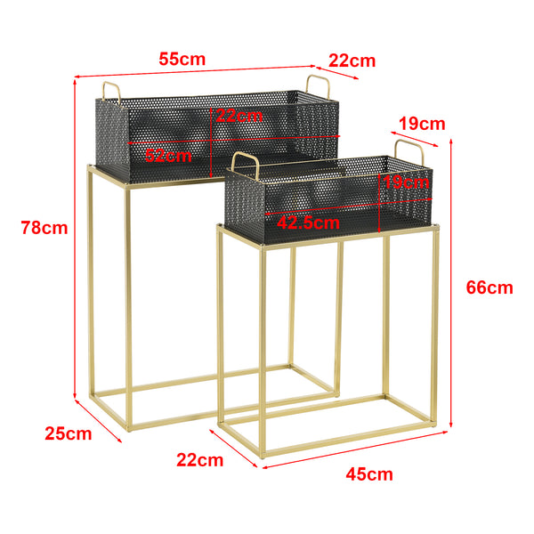 Set di 2 Portavasi in Metallo di Forma Rettangolare Supporto in Colore Ottone per Piante con Coprivaso Nero in 2 Altezze e Misure Diverse