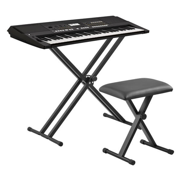 Support Double pour Clavier à Sangles Troués avec Banquette Stand Solide et Siège Pliables pour Piano Numérique Table de Mixage Hauteur et Largeur Réglables Capacité de Charge 25 kg Fer Noir [en.casa]