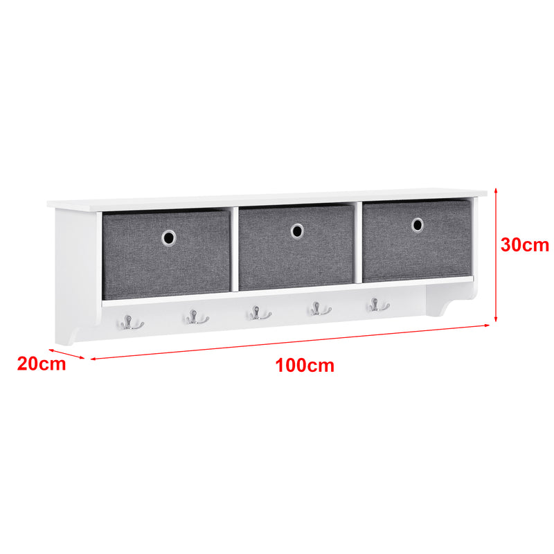 Schizzo in scala Appendiabiti da Parete con 5 Ganci, Piano di Appoggio e 3 Scatole Portaoggetti - Attaccapanni da Muro (AxLaxP) 30x100x20 cm Struttura Bianca + 3 Contenitori in Tessuto Grigio