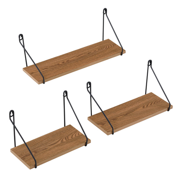 Set di 3 Mensole da Parete in Misure Diverse, 3 Consolle Pensili da Muro con Staffe Nere in Ferro Mensole Portaoggetti / Libreria - Piano in Effetto Legno Scuro