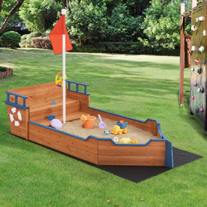 Sandkasten Mestia mit Piratenschiffoptik 136x193x94cm Holz Natur [en.casa]