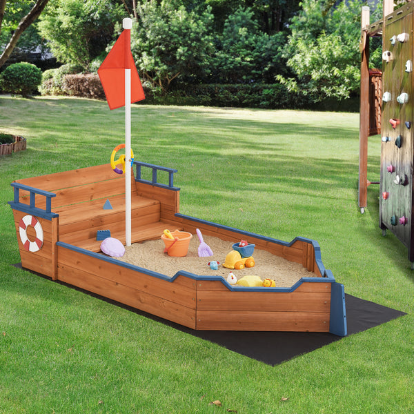 Sandkasten Mestia mit Piratenschiffoptik 136x193x94cm Holz Natur [en.casa]