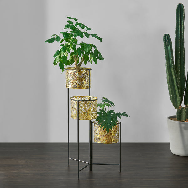 Porta Vasi da Interno Portapiante Stand per Piante con 3 Coprivasi Struttura Pieghevole Nero con 3 Porta Vasi Cilindrici in Altezze Diverse Color Ottone [en.casa]
