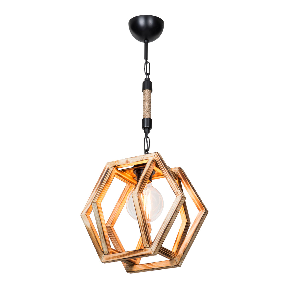 Hängeleuchte Cheltenham E27 Metall Massivholz Juteseil Schwarz / Holzoptik / Jutefarben [lux.pro] - premiumXL