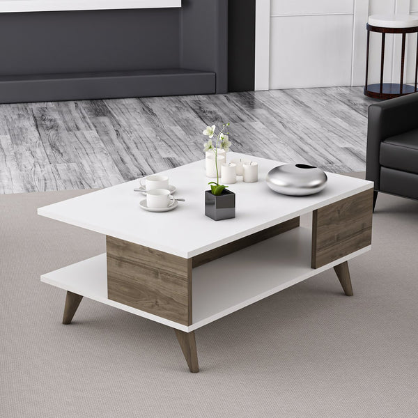 Table basse rectangulaire Grenaa avec espace de rangement blanc / effet noyer [en.casa]