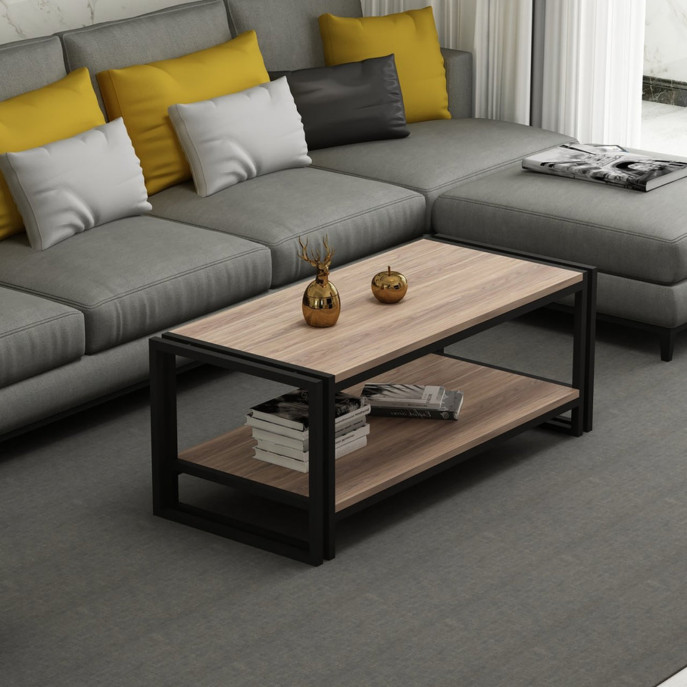 Table basse rectangulaire Græsted-Gilleleje avec espace de rangement effet chêne / noir [en.casa]