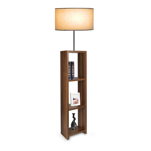 Lampada da Terra 'Redditch' Piantana con Paralume Cilindrico in Tessuto Beige e Base a Scaffale Portaoggetti in MDF effetto Legno - lux.pro 