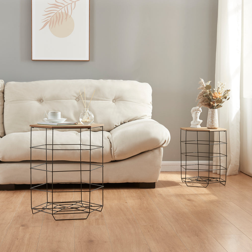 Set di tavolini - Set Hørsholm 2 pezzi cestino in metallo nero / color legno [en.casa] - premiumXL