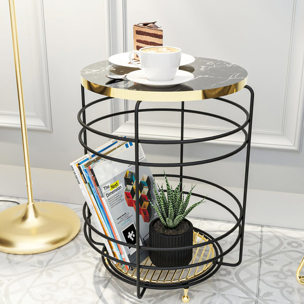 Table d'appoint Padasjoki avec panier de rangement 55 x 40 cm effet marbre noir or [en.casa]