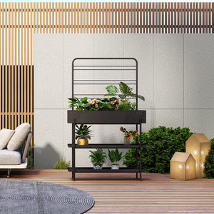 Porte-plantes surélevé Jaalsmeer avec étagère 154 x 96 x 24 cm noir casa.pro