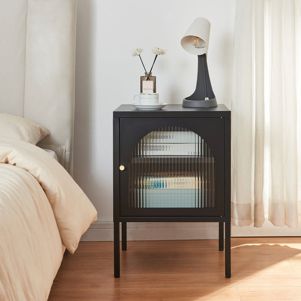 Table de chevet Karlskrona acier verre strié 60 x 43 x 40 cm noir mat [en.casa]