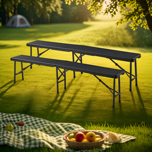 Lot de 2 bancs de camping pliables Mark 180 x 25 x 43 cm effet rotin noir [en.casa]