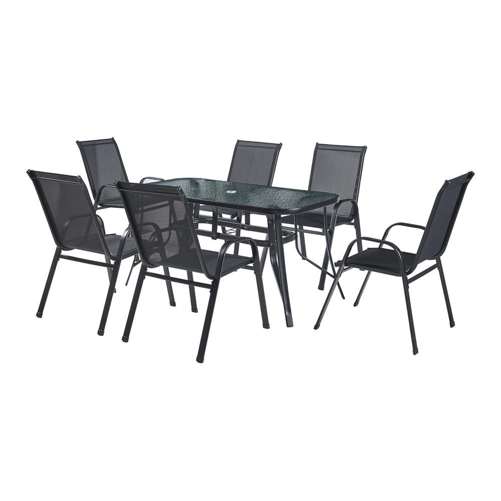 Salon de jardin 7 pièces Aradeo avec table à manger et 6 chaises acier verre trempé textilène casa.pro