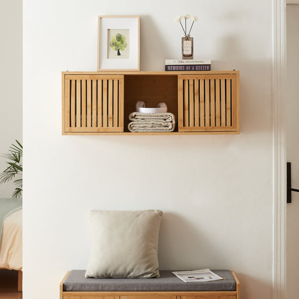 Armadietto da Parete Ypäjä con Ante Scorrevoli 93x20x33 cm Bambù Naturale [en.casa] 