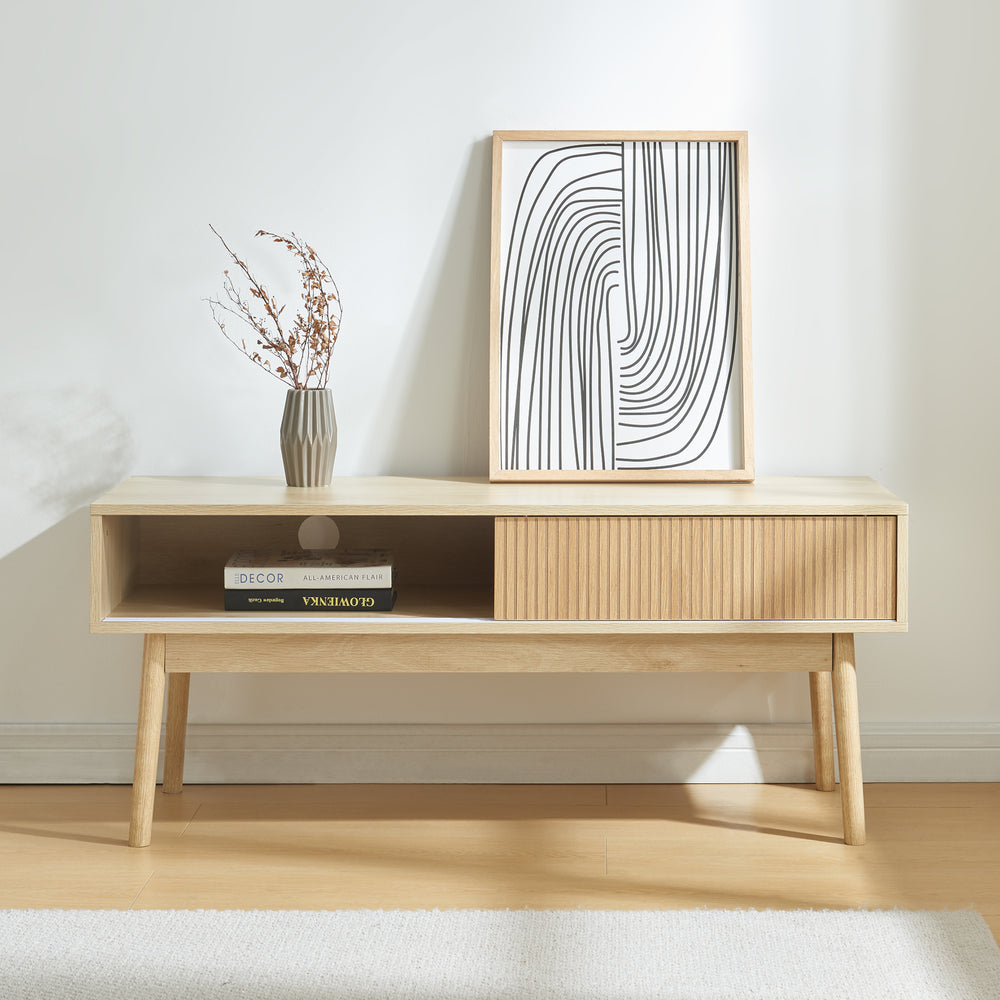 Meuble TV Landskrona 115x40x48 cm avec deux portes coulissantes aspect chêne [en.casa] - premiumXL