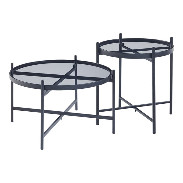 Set Lier di 2 Tavolini con Piano Rotondo in Vetro Temperato - Nero [en.casa]