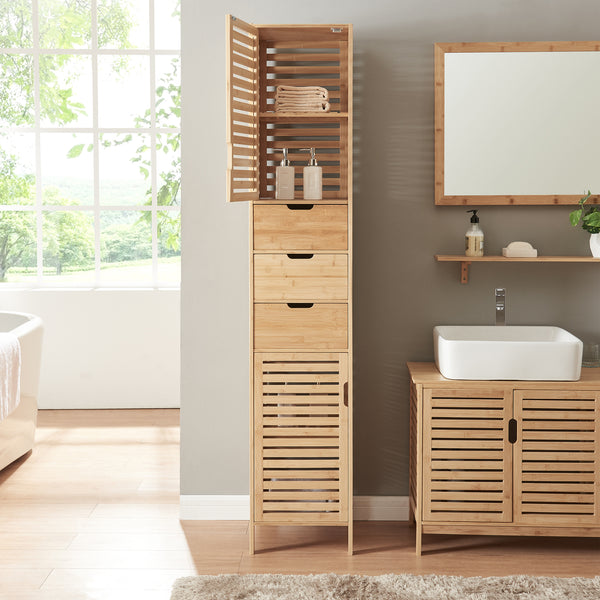 Meuble colonne de salle de bain Boksereys bambou 180 x 35 x 35 cm [en.casa]