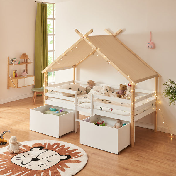 Lit cabane Surnadal bois de pin 90 x 200 cm blanc naturel beige [en.casa]