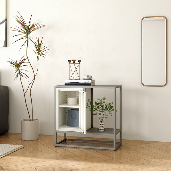 Credenza Burlöv in Acciaio Mobile Contenitore Basso 70x72x35 cm Grigio / Bianco [en.casa] 
