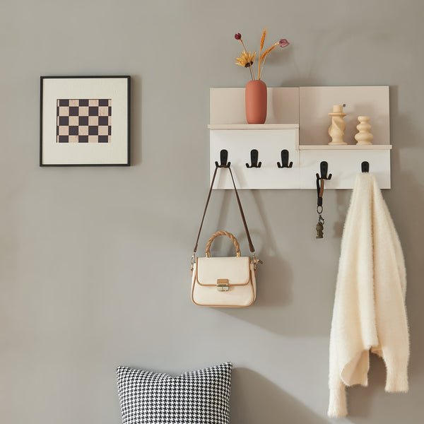 Appendiabiti a Parete Botaruvn con Ripiani e Ganci Doppi 34 x 59 x 13 cm - Beige / Bianco [en.casa]