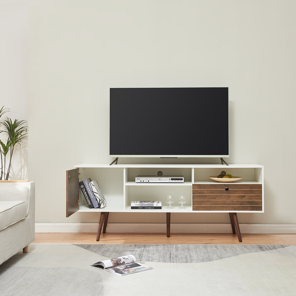 Meuble TV Vare 165x40x66 cm blanc/noyer [en.casa] - premiumXL