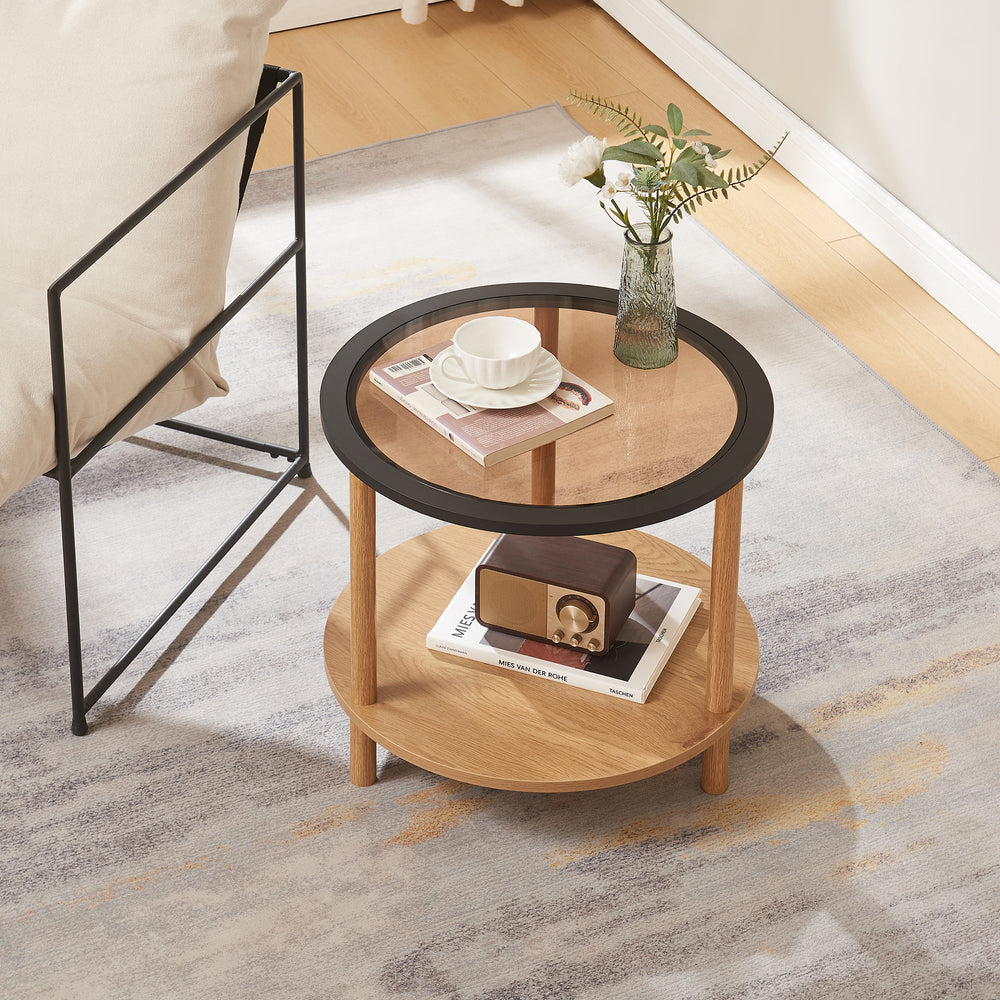 Tavolino Latama con piano in vetro Ø51x45 cm Naturale/Nero/Vetro bronzo [en.casa] - premiumXL