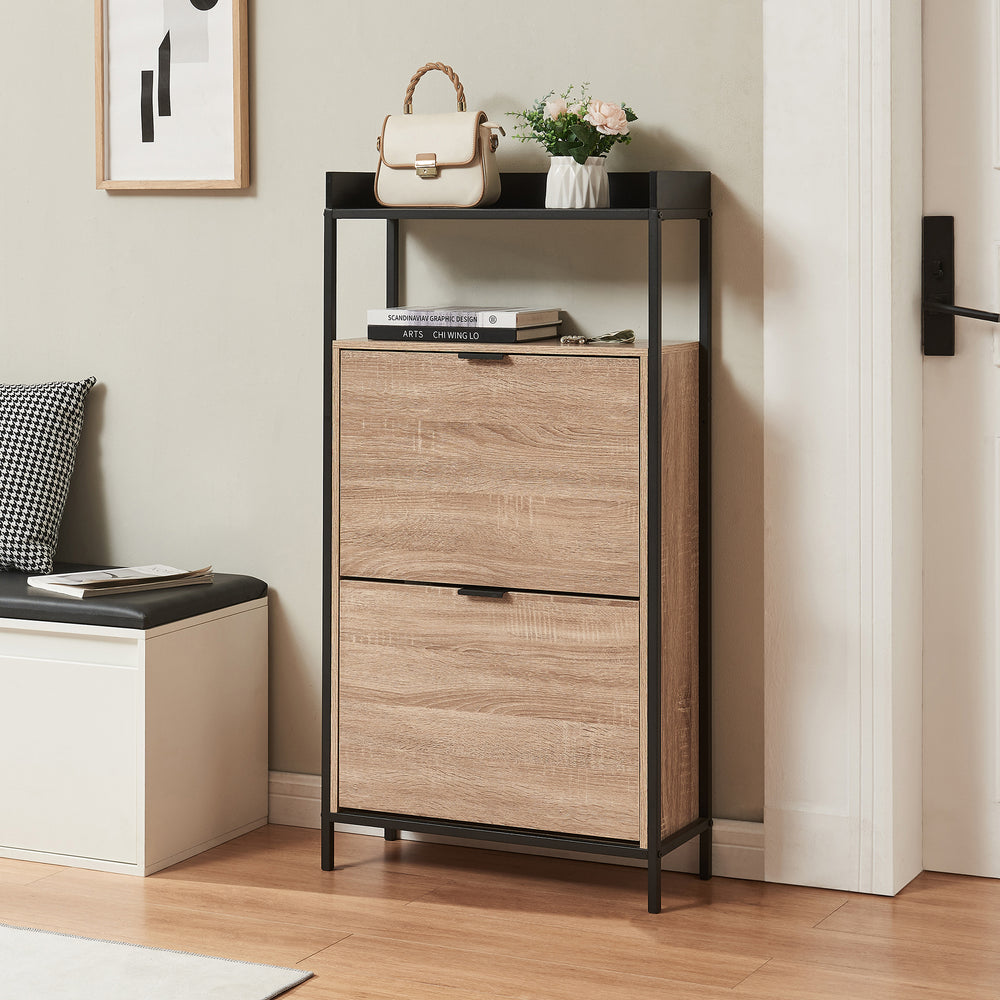 Schuhkipper Belana mit 2 Klappen 116x60x24 cm Schwarz/Eicheoptik [en.casa] - premiumXL