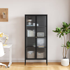 Mobile Vetrina Vinterhavn con Ante in Vetro e Ripiani 180 x 80 x 35 cm - Nero [en.casa]