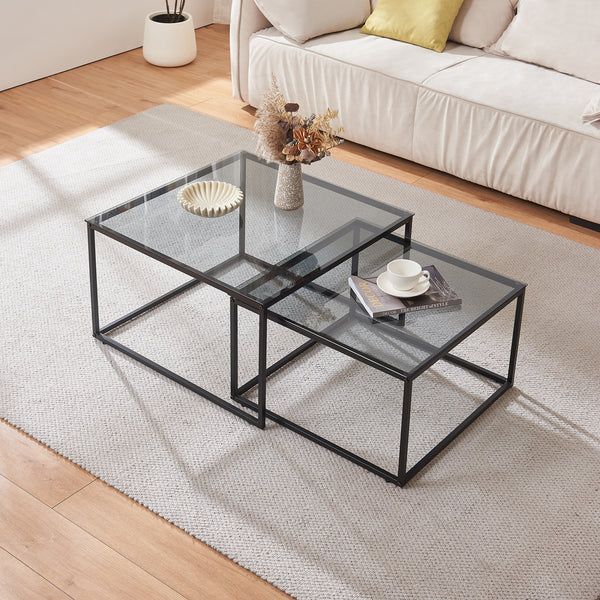 Set Tromlaslo di 2 Tavolini Sovrapponibili con Piano in Vetro Fumé Grigio [en.casa]