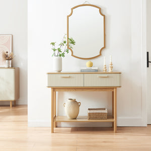 Tavolo a Consolle Ferrersp con 2 Cassetti e Ripiano 100 x 40 x 80 cm - Effetto Rovere / Avena Oatmeal [en.casa]