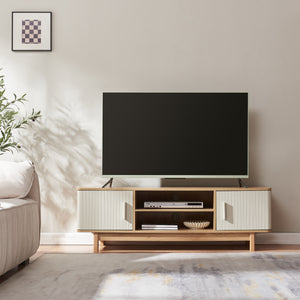 Meuble TV Ferrersp avec 2 portes 140 x 40 x 45 cm effet chêne / couleur sable [en.casa] 