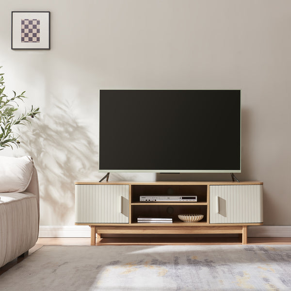 Meuble TV Ferrersp avec 2 portes 140 x 40 x 45 cm effet chêne / couleur sable [en.casa] 