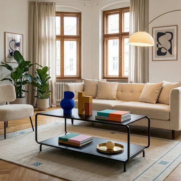 Tavolino da Salotto Færder in Acciaio con Doppio Ripiano 115x50x45 cm Nero opaco [en.casa]