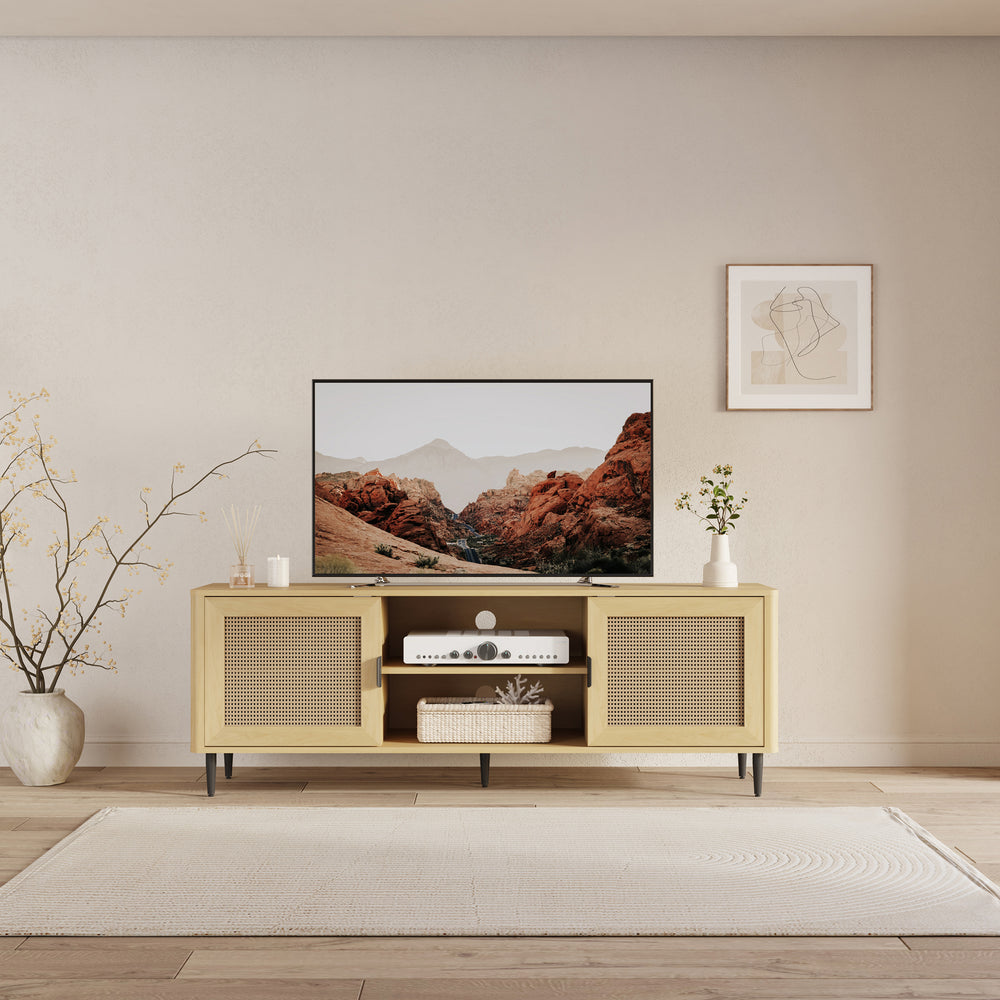 Meuble TV Lukhomso 152 x 40 x 54 cm effet chêne/ rotin [en.casa] 