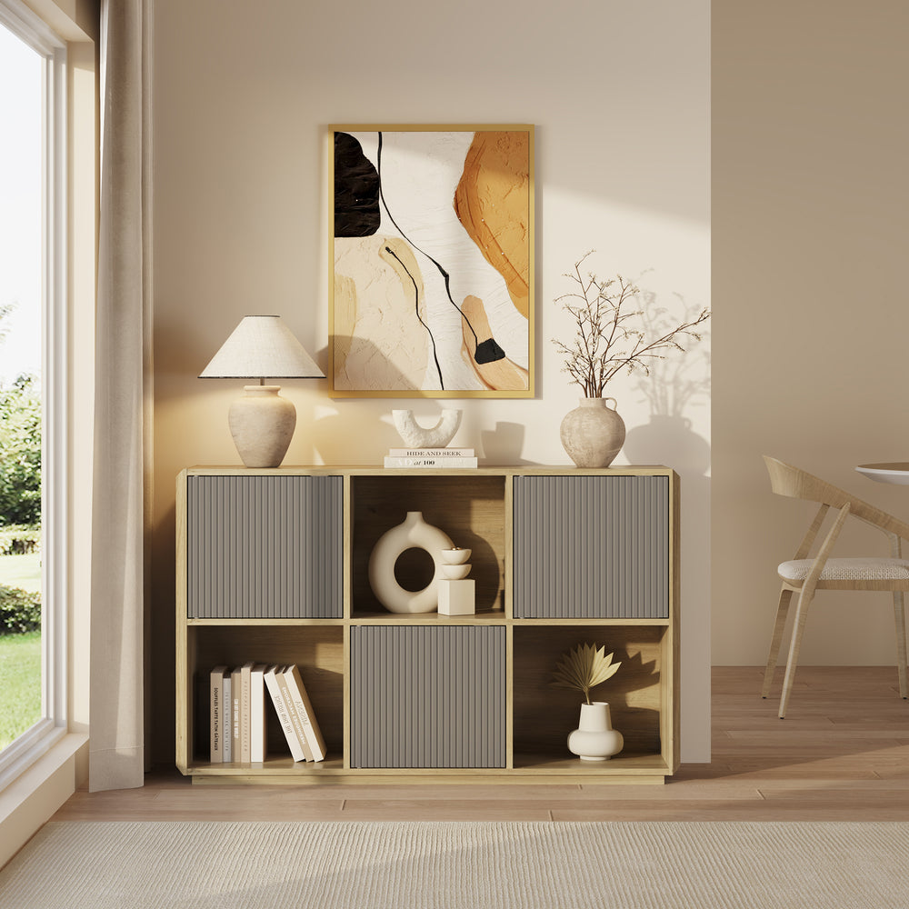 Credenza Trömi Mobile Buffet a 3 Ante e 6 Scomparti 75 x 120 x 30 cm - Effetto Rovere/Grigio [en.casa]