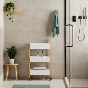 Carrello Portaoggetti Varulta Scaffale con Rotelle e 3 Scomparti 80 x 41 x 20 cm - Naturale / Bianco [en.casa]